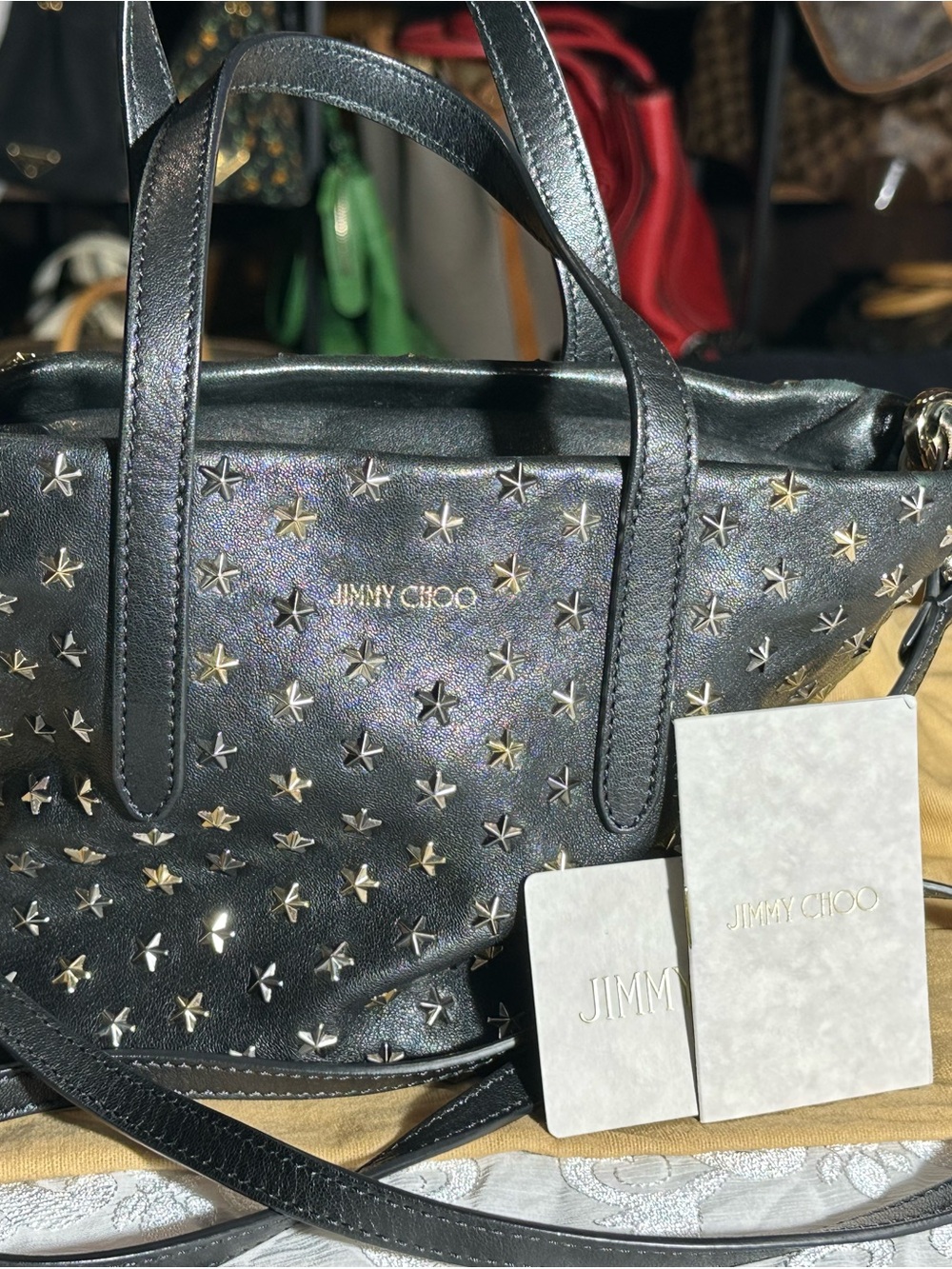 Jimmy Choo Black Iridescent Star-Studded Leather Satchel